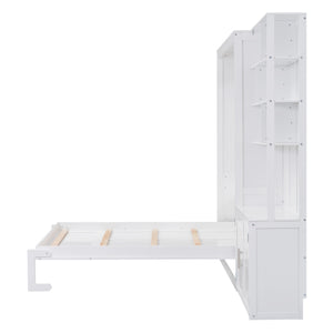 English Elm Full Full Size Murphy Bed with Hidden Cabinet, Multiple Shelves, Space-Saving White Design, 600lb Capacity GX000383AAK