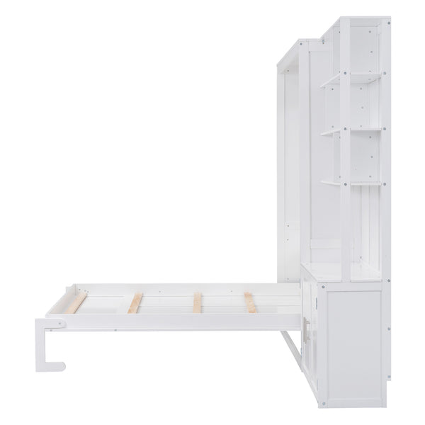 English Elm Full Full Size Murphy Bed with Hidden Cabinet, Multiple Shelves, Space-Saving White Design, 600lb Capacity GX000383AAK