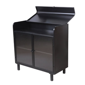 English Elm Modern Sideboard Buffet Cabinet Antique Black Steel Frame with Tempered Figured Glass Doors, Flip-Top Storage Console W3122P272901