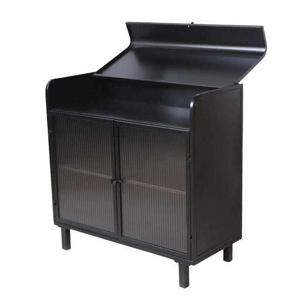 English Elm Modern Sideboard Buffet Cabinet Antique Black Steel Frame with Tempered Figured Glass Doors, Flip-Top Storage Console W3122P272901