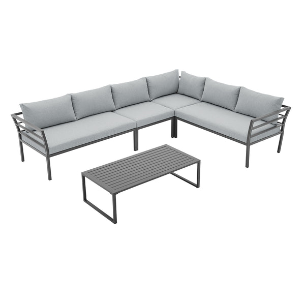 English Elm Sunnyside Outdoor 5-Piece Conversation Set Seats 6 with Waterproof Cushions, UV-Resistant Steel Frame and Slatted Coffee Table Grey B365S00104