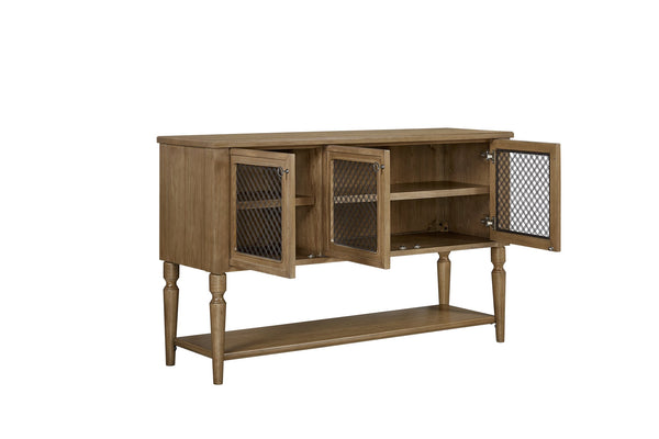 English Elm Sever Solid Wood Sideboard with Metal Mesh Doors, Open Shelf & Turned Legs for Stylish Storage Almond 65.5 L x 22.25 W x 26 H B2699P383829
