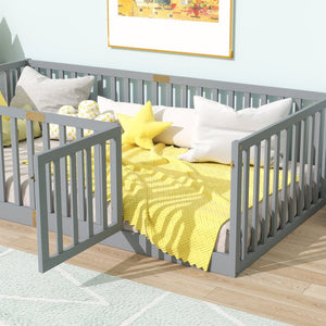 English Elm Twin Floor Bed Solid Rubber Wood with Tall Safety Railings for Toddler Sleep Grey W504P287651