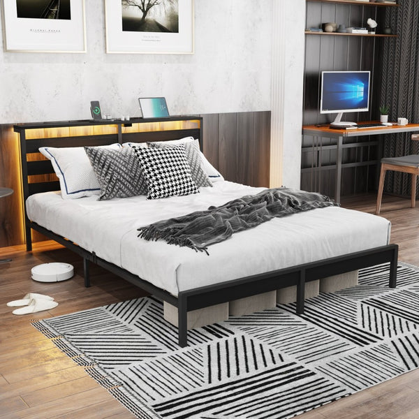 English Elm Full Size Platform Bed with Wood Headboard Led Lighting and Usb Charging Storage W311P416241