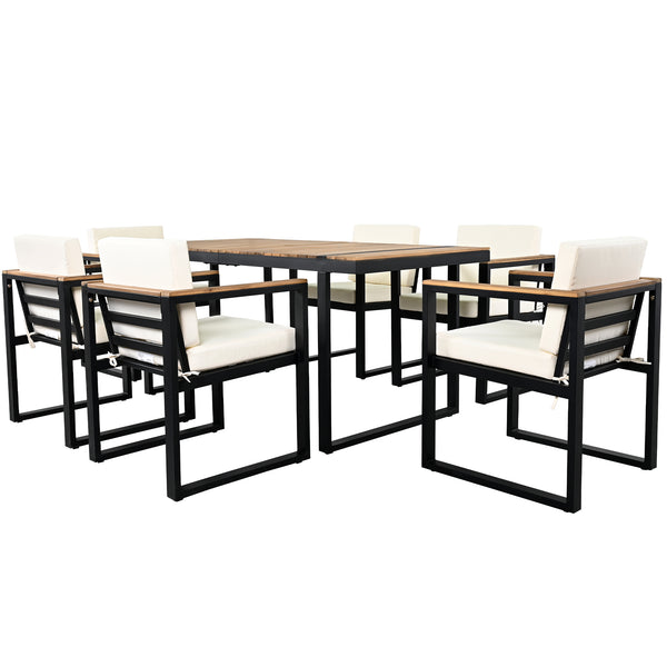 English Elm 7 Piece Outdoor Dining Set with Acacia Wood & Steel Frame, Water-Resistant Cushions, Umbrella Hole Beige N719Z000140A