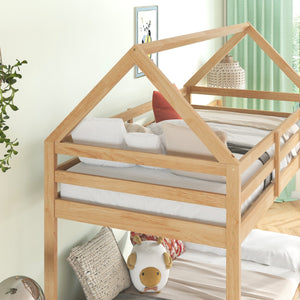 English Elm Twin Rubber Wood Floor Bunk Bed House-Shaped Design with Ladder Guardrails Sturdy Low-Profile Retreat White+Oak W504P206866