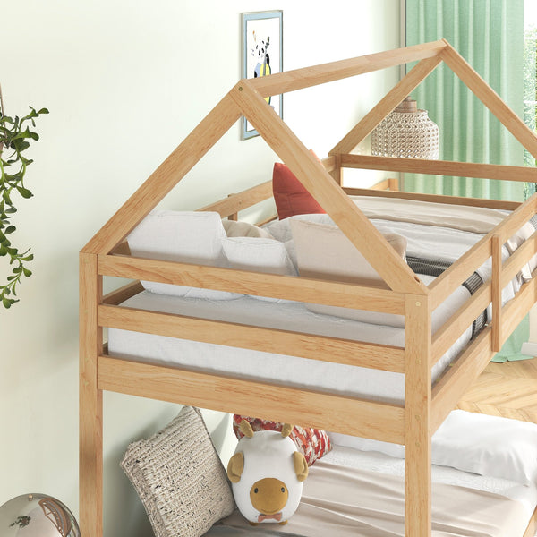 English Elm Twin Rubber Wood Floor Bunk Bed House-Shaped Design with Ladder Guardrails Sturdy Low-Profile Retreat White+Oak W504P206866