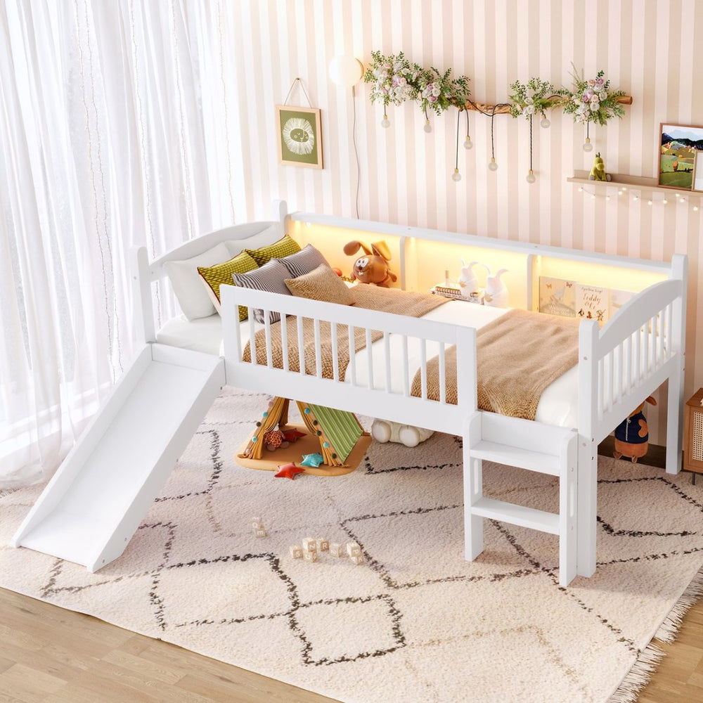 English Elm Twin Low Loft Bed Solid Pine Frame with Built-in Led Lighting and Storage Shelves Light White W1580P395928