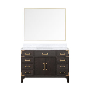 English Elm Brown Oak 48 in Single Bath Vanity with Carrara Marble Top, Soft-Close Drawers, Mirror Included B2731S01465