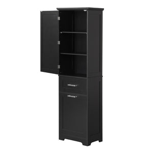 English Elm Tall Bathroom Storage Cabinet - Freestanding, Adjustable Shelf & Dual Drawer Design In Matte Black Finish N725P206895B-GIGA