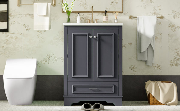 English Elm 24'' Bathroom Vanity with Ceramic Sink Combo Modern Freestanding MDF Cabinet with Soft-Close Doors and Sleek Silver Handles for Spacious Organized Bathroom Storage Blue Gray N710P194893C