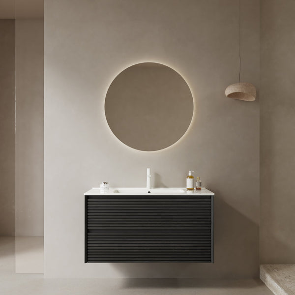 English Elm BRON 36" Wall-Mounted Bathroom Vanity with Ceramic Sink, Dark Oak Plywood, 2 Soft-Close Drawers, Pre-Assembled W2615P247213