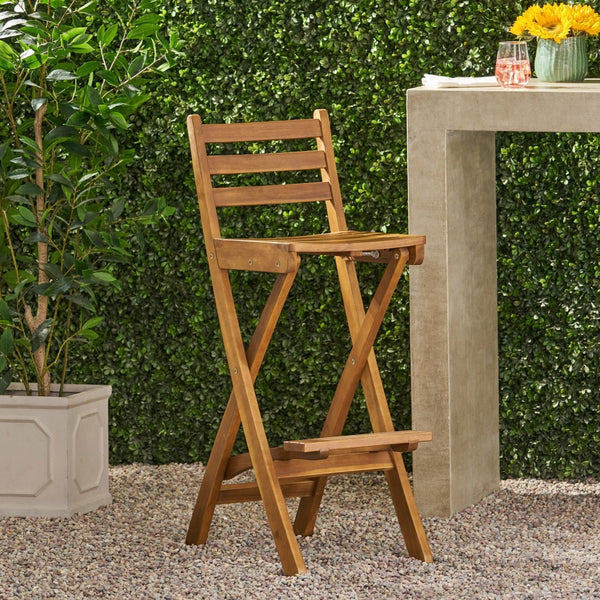 English Elm Outdoor Solid Acacia Folding Barstool Teak Finish Weather Resistant Patio Bar Seating N772P420065B