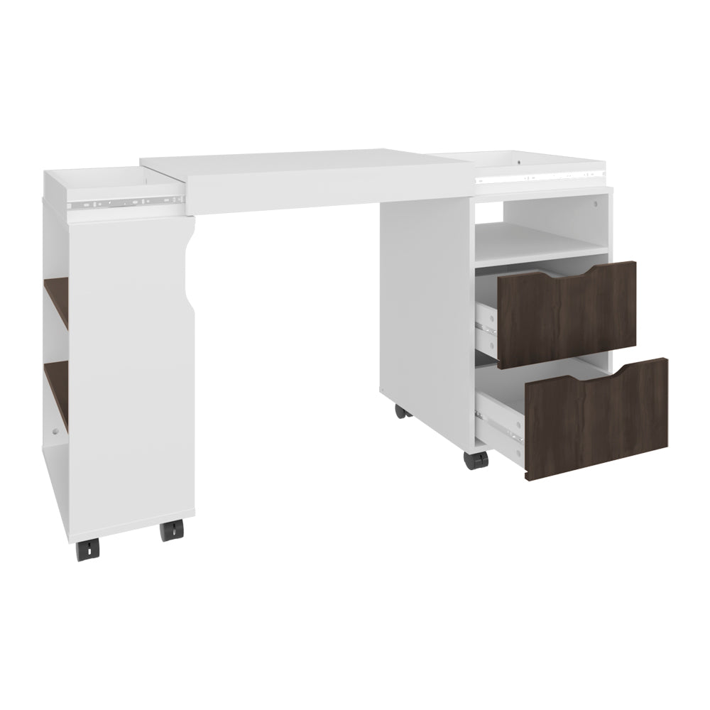 English Elm Keller Extendable Desk with Drawers & Casters, Space-Saving Engineered Wood Workstation in White/Dark Walnut B092P286129