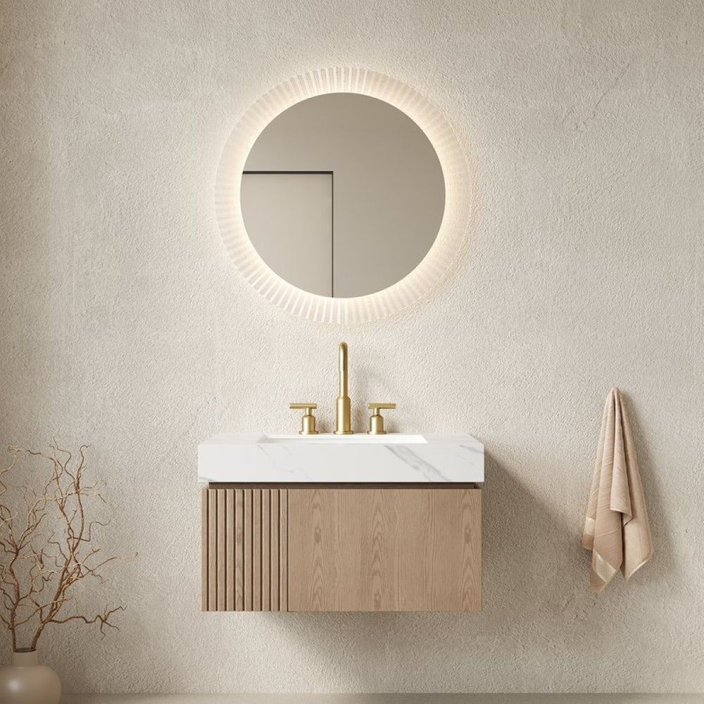 English Elm Muri Floating Bathroom Vanity Plywood Cabinet Sintered Stone Top Oak Drawer W2615S00639