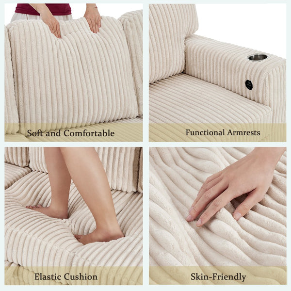 English Elm L-Shaped Sofa with Pull-Out Bed and Storage, 5-Seat Sectional with USB, Cup Holders, Cozy Chenille Beige W1998S00075