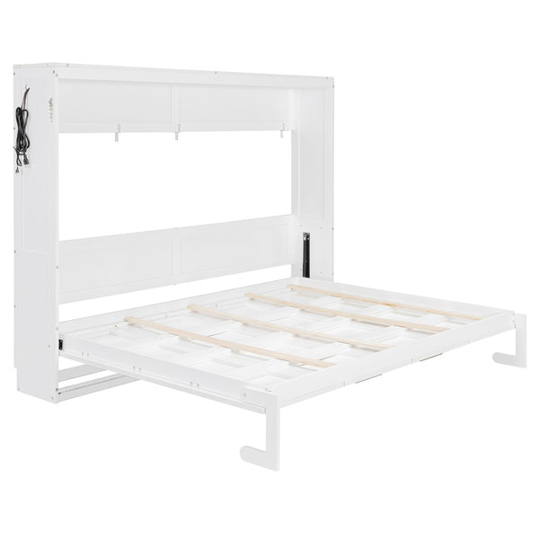 English Elm Queen-size Murphy Wall Bed with Led Ambient Lighting Usb Outlet and Graphic Panel White LP000357AAK