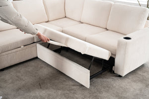 English Elm Sectional Corduroy Sleeper Sofa with Storage and Charging Ports for Small Spaces White W1361S00075