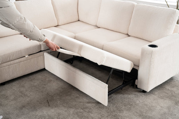 English Elm Sectional Corduroy Sleeper Sofa with Storage and Charging Ports for Small Spaces White W1361S00075