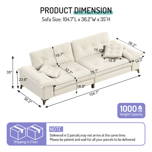 English Elm 104.7 Modern 4-Seat Cloud Sofa with Wide Removable Armrests, Tufted Chenille Comfort & Metal Legs Beige+White W1885S00182