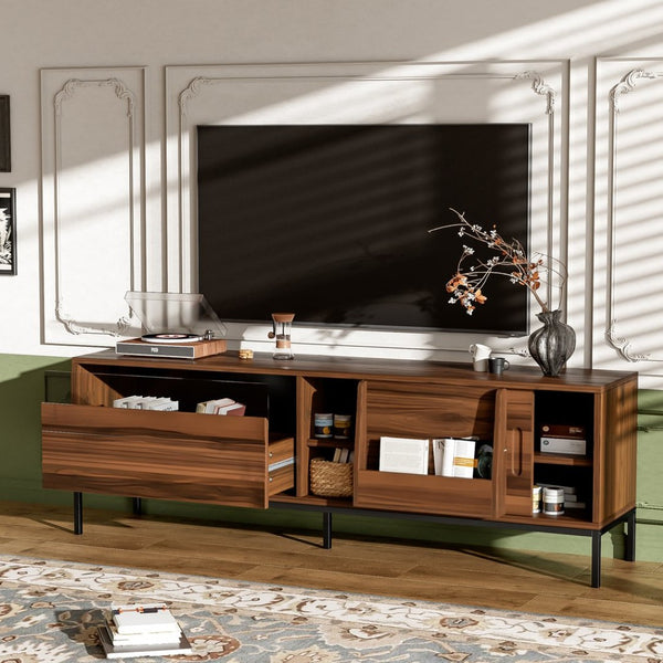 English Elm U-can Mid Century Walnut Media Console with Sliding Doors and Metal Frame for Living Rooms Brown N724P360370D