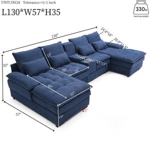 English Elm 130" U-Shaped Sofa With Console & Cupholders, 6-Seat Sleeper Couch Set In Blue For Modern Living Spaces W1117S00242