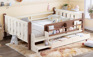 English Elm Twin Kids Platform Bed with Trundle Staircase Bookshelf and Rounded Safety Rails Beige W1580S00539