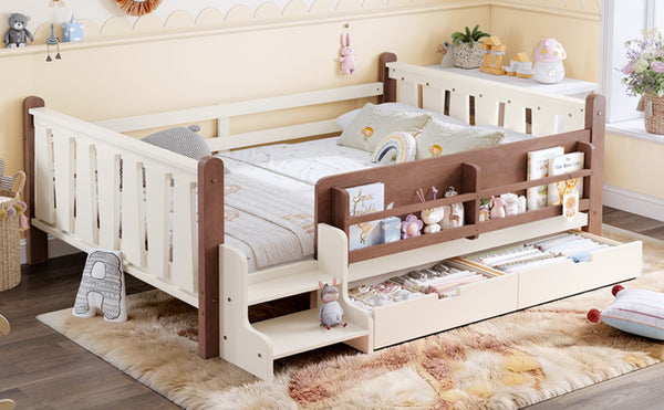 English Elm Twin Kids Platform Bed with Trundle Staircase Bookshelf and Rounded Safety Rails Beige W1580S00539