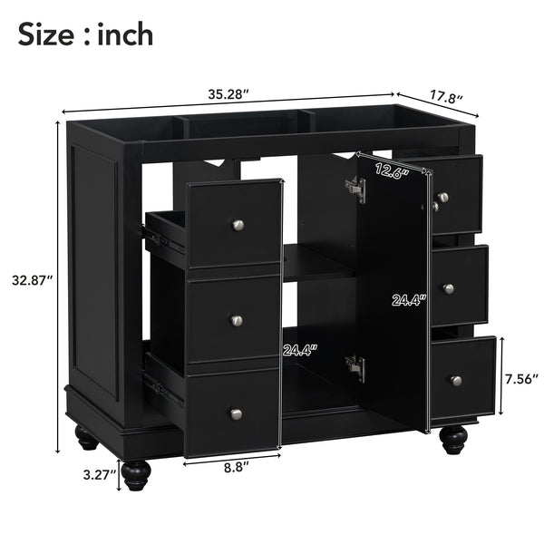 English Elm [Cabinet 36" Black Bathroom Vanity Cabinet Only Solid Wood & MDF Soft-Close Door 4 Drawers Spacious Storage Metal Handles Sleek Modern Design N729P179571B