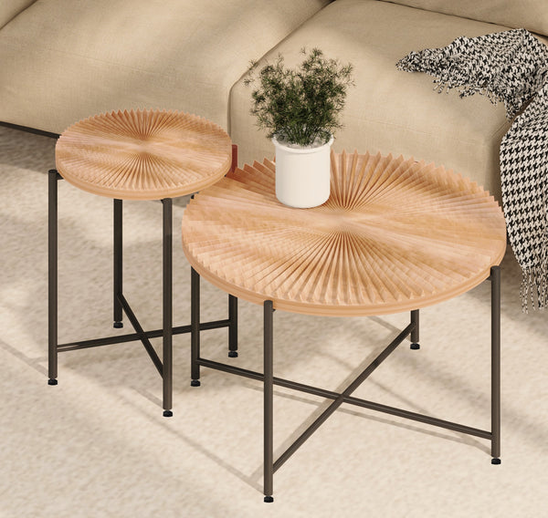 English Elm Radial Distressed 2-Piece Coffee and End Table Set with Waterproof MDF Top and Black Metal Legs Natural Wood+Brown B2735P269981