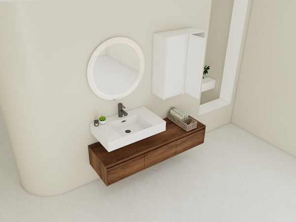English Elm 60-Inch Wall-Mounted Vanity With Molded Resin Sink, 2 Side Cabinets & 3 Soft-Close Drawers For Storage W999S00285