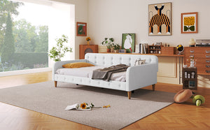 English Elm Twin Upholstered Daybed with Pine Frame and Linen Fabric, Button-Tufted High Sideboard, 79" L Beige N709P266225K