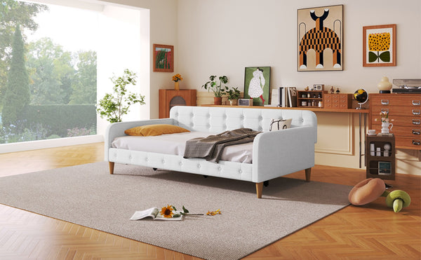 English Elm Twin Linen Upholstered Daybed Button Tufted Sofa Bed for Guest or Bedroom Beige N750P266225K
