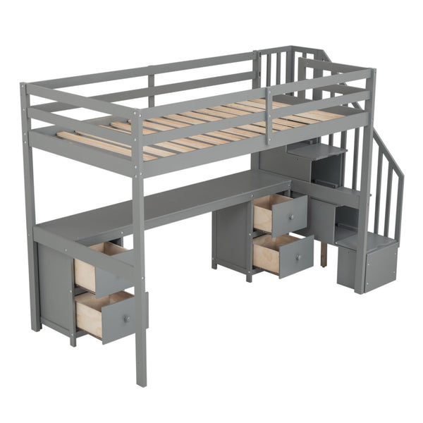 English Elm Twin Loft Bed with Built-In Desk and Double Storage Drawers, Pine & MDF Frame for Small Rooms Gray GX000382AAE