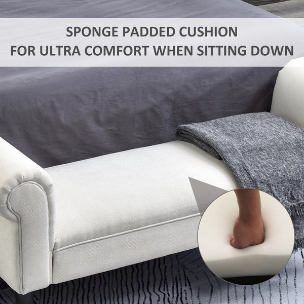 English Elm HOMCOM Upholstered Linen 52" End of Bed Bench with Armrests, Padded Ottoman Seat and Under-Storage Cream White W2225P217017