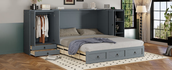 English Elm Queen Murphy Bed with Wardrobe Cabinets Built-in Usb Charging and Concealed Drawers Gray LP000590AAE
