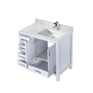 English Elm White 36 in. Bath Vanity with Carrara Marble Right-Offset Top, Soft-Close Drawers & Chrome Faucet Set B2731P259018