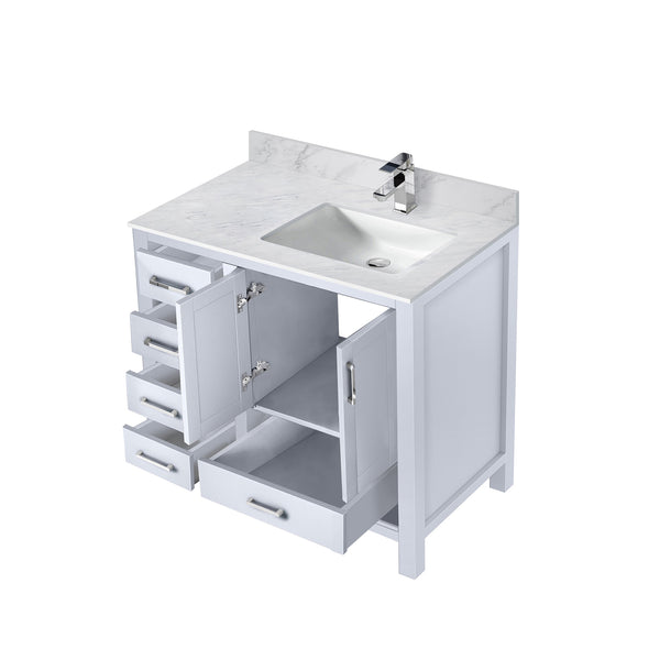 English Elm White 36 in. Bath Vanity with Carrara Marble Right-Offset Top, Soft-Close Drawers & Chrome Faucet Set B2731P259018