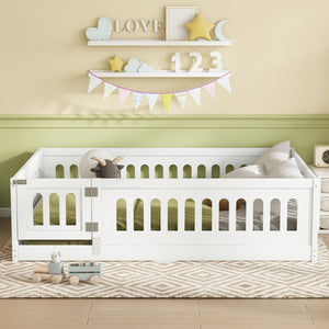 English Elm Full Size Floor Bed With Safety Guardrails And Built-In Door For Kids' Bedrooms And Playrooms W1820P240537