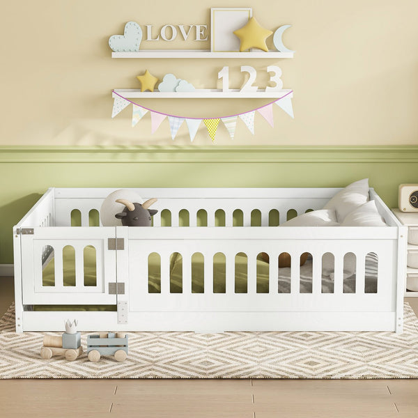 English Elm Full Size Floor Bed With Safety Guardrails And Built-In Door For Kids' Bedrooms And Playrooms W1820P240537
