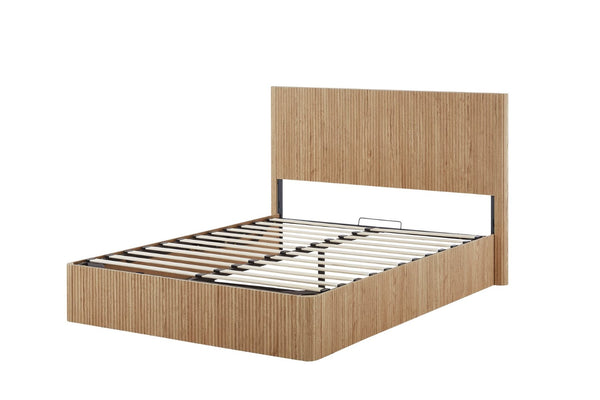 English Elm Queen Hydraulic Lift Storage Bed Oak Finish Curved Headboard Modern Farmhouse Frame W1820S00059