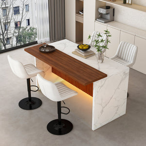English Elm 63" Modern Kitchen Island Set With 4 Beige Bar Stools, Led Lighting & Walnut Accents For Style W2699S00076