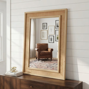 English Elm Natural Rattan Wrapped Solid Wood Rectangular Mirror Handcrafted Farmhouse Bathroom Entryway Natural Wood W2203P436617