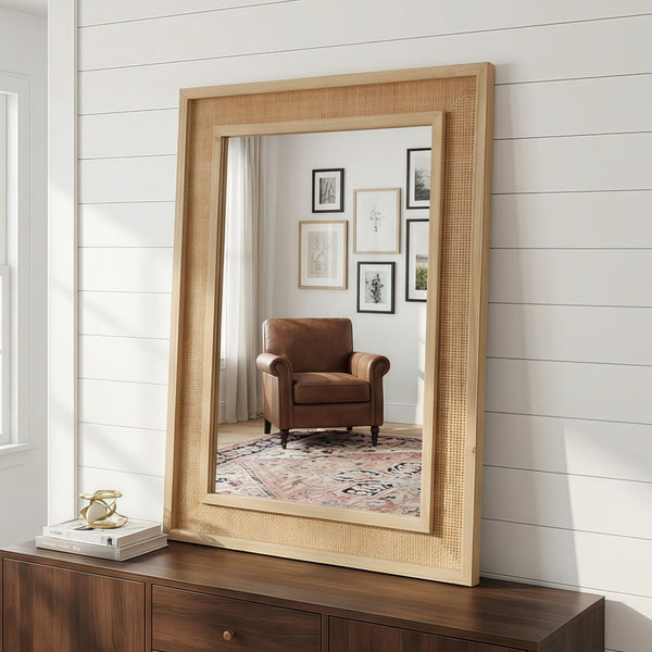 English Elm Natural Rattan Wrapped Solid Wood Rectangular Mirror Handcrafted Farmhouse Bathroom Entryway Natural Wood W2203P436617