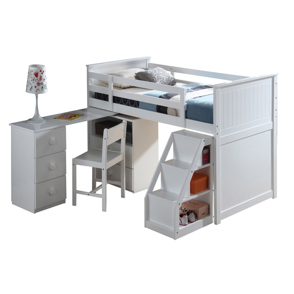 English Elm White Twin Loft Bed with Built-In Desk, Chest & Storage Ladder — Convertible Swivel Desk, Sturdy Slats, Smooth Drawers B062S00463