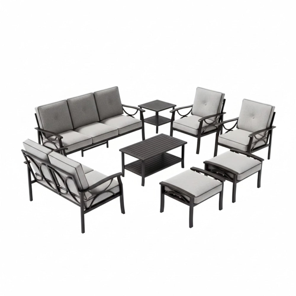 English Elm 8-piece Outdoor Conversation Set 9 Seat Steel Patio Sofa with Thick Cushions Tables Grey+Black B082S00130