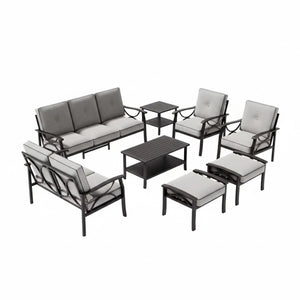 English Elm 8-piece Outdoor Conversation Set 9 Seat Steel Patio Sofa with Thick Cushions Tables Grey+Black B082S00130