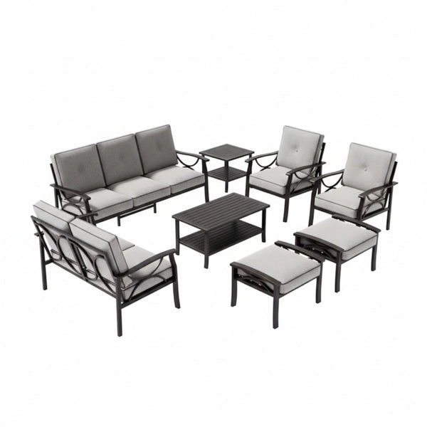 English Elm 8-piece Outdoor Conversation Set 9 Seat Steel Patio Sofa with Thick Cushions Tables Grey+Black B082S00130
