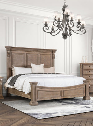 English Elm Formal Weathered Panel Queen Bed with Carved Dentil Moldings, Reeded Posts and Rustic Finish Oak 83 L x 13 W x 6 H B2741S00742