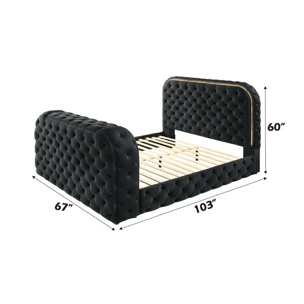 English Elm Black Velvet Tufted Queen Bed with Led Lighting Fireplace and Motorized Tv Lift B2756S00009